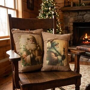 Primitive Feedsack Pillow Father Christmas St. Nick Holding Candle 7 X 13 inches